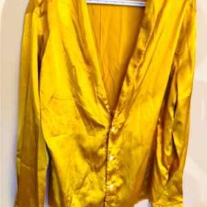 Men’s new Vibrant Yellow Gold satin long sleeve shirt with an open chest design